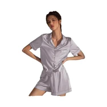 Imagem de Conjunto De Pijamas Femininos De Verão Em Cetim Sólido Confortável Em 