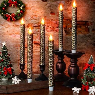 Imagem de LCZLUMIPRO 6 velas de Natal pretas e douradas sem chama – Castiçais de LED operados por bateria de 24 cm com chama cintilante, centro de mesa de Natal elegante para decoração de festas de fim de ano