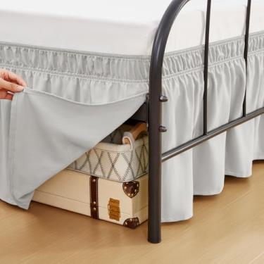 Imagem de RIMELA Saias de cama cinza gelo com cantos divididos, tamanho king, caimento de 38 cm, rodapé elástico para cama, fácil de instalar, babados, tecido macio, lavável na máquina para armação de metal