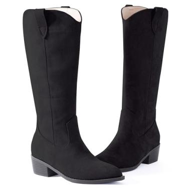 Imagem de N.N.G Botas femininas de cano alto, camurça sintética, preto, marrom, pedra vermelha, rosa, estilo ocidental, salto bloco de 5 cm, bico fino, zíper lateral, botas de inverno modernas para uso casual e