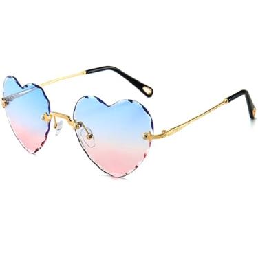 Imagem de Breaksun Óculos de sol de coração sem aro para mulheres, meninas, modernos, em forma de coração, lindos óculos de sol, Azul e rosa dégradé, MM