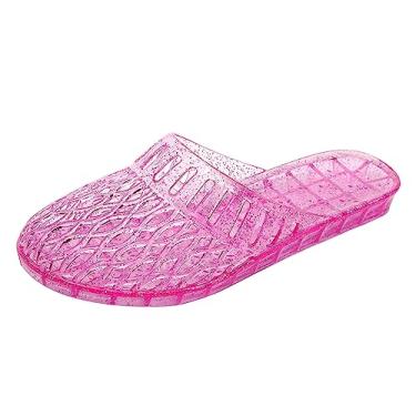 Imagem de OMGard Sapatos femininos gelatinosos, sandálias brancas com glitter, sapatilhas, sem cadarço, verão, praia, chinelos transparentes, fechados, macios, rosa, 35