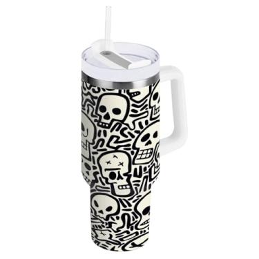 Imagem de Kigai Copo de caveira fofo de 1,134 g com tampa e canudo, copo isolado de aço inoxidável durável à prova de vazamento com alça, garrafas de água à prova de derramamento para viagens