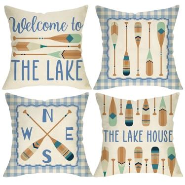 Imagem de Fjfz Capa de almofada decorativa The Lake House 45,7 x 45,7 cm, conjunto de 4, Welcome to The Lake Paddle Alpendre, decoração de casa, área externa, buffalo, azul, xadrez, casa de fazenda, sofá