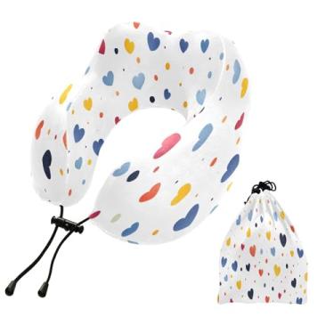 Imagem de CEBUGI Travesseiros de viagem portáteis em forma de U, travesseiro de pescoço de espuma viscoelástica com trava de corda ajustável para avião, viagem, trem, negócios, escritório, cochilo (corações e