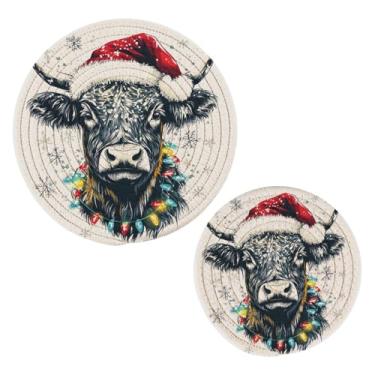 Imagem de Wassud Conjunto de trivet de Natal de vaca Highland para pratos quentes, suportes redondos de algodão, almofadas quentes, porta-copos elegantes, decoração de cozinha e acessórios, 2 peças