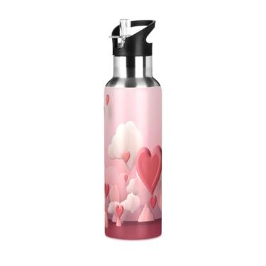 Imagem de Wassud Garrafa de água balão em forma de coração garrafa de água esportiva de aço inoxidável com canudo garrafas de água isoladas copo portátil de viagem 623 g