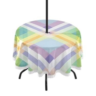 Imagem de CEBUGI Toalha de mesa redonda para uso externo, colorido, quadriculado, impermeável, com furo Umberlla, capa de mesa lavável para pátio, cozinha, sala de jantar, 152 cm