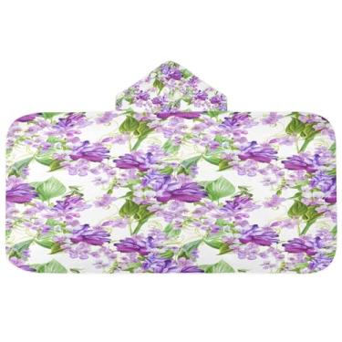 Imagem de CEBUGI Toalha de banho com capuz de flores roxas para crianças toalha de banho macia absorvente com capuz 127 x 59,7 cm toalha de banho de praia para meninos e meninas