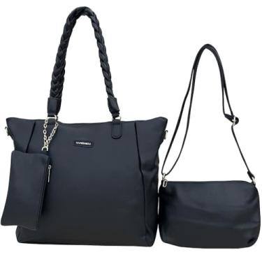Imagem de Kit 3 Peças Bolsa Feminina com Alça Trançada, Couro Sintético, Preta, Inclui Bolsa Grande, Bolsa Transversal e Necessaire