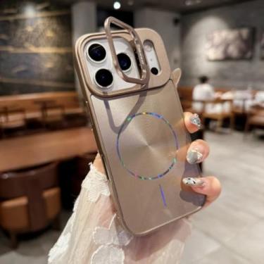 Imagem de SFDSUH Capa magnética de luxo com suporte de lente em metal e glitter aurora para iPhone 16 Pro Max, com carregamento sem fio (para iPhone 16 Pro Max/Dourado Deserto)