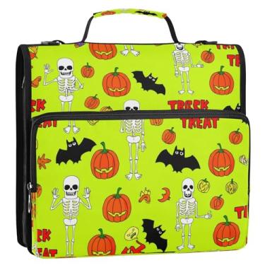 Imagem de CEBUGI Fichário de 3 anéis com zíper com alça de ombro, pasta de arquivo expansível de 3,8 cm, anéis D, esqueletos, abóbora