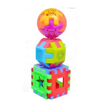 Imagem de Kit 3 Brinquedos Educativos Cubo Bola Didática Geométricos Formas Encaixar Colorido