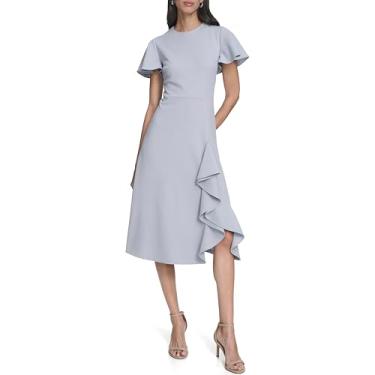 Imagem de Calvin Klein Vestido midi feminino manga esvoaçante gola redonda crepe frontal babados, ardósia, 48