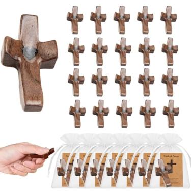 Imagem de 40 peças de cruz antiestresse de bolso de madeira, cruz de mão, presente religioso, alívio da ansiedade, redução de estresse, incluindo cartões de exibição e bolsas de organza