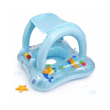 Imagem de Boia Inflável Infantil com Assento e Cobertura, Proteção Solar, Para Piscina (Azul)