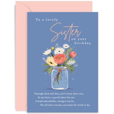 Imagem de Old English Co. Cartão de aniversário de irmã - Cartão de aniversário feminino fofo para mulheres - Palavras sinceras - Design de pote floral Kilner Folha dourada - Presente de aniversário para irmã |