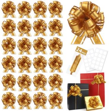 Imagem de 24 peças de laço dourado para embrulho de cesta de presente, laços de presente de Natal, fita adesiva para enfeite de árvore de Natal, garrafas de vinho, buquê de flores, decoração de festa do dia dos