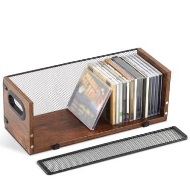 Imagem de Geelin 1 suporte de caixa de armazenamento de CD de madeira, suporte de exibição de fita cassete retrô com alças de transporte, prateleira organizadora para capas de filmes, DVDs, organizador de CDs
