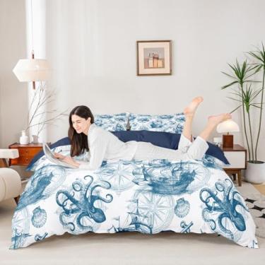 Imagem de Conjunto de capa de edredom náutico oceano, tamanho queen, bússola de veleiro marítimo, 3 peças, capa de edredom de polvo estrela-do-mar para decoração de quarto de crianças, meninas, meninos e