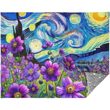 Imagem de Cobertor macio de flores violeta noite estrelada personalizado cobertor de sofá para quarto para mulheres cinza sofá manta 177,8 cm x 139,7 cm