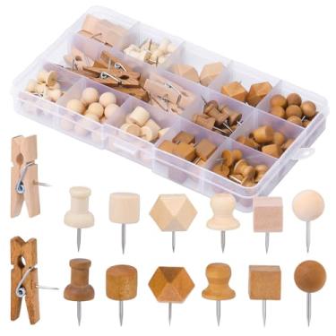 Imagem de TLKKUE 118 peças de pinos de madeira, 7 estilos de pinos de madeira para polegares decorativos para quadro de cortiça fotos documentos desenhos mapas escritório sala de aula projetos de artesanato doméstico