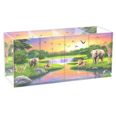 Imagem de TSENQUE Decoração de casa, cena africana, animais, elefantes, acrílico, porta-canetas, lápis, maquiagem, copo de arte, artesanato, organizadores de mesa e acessórios