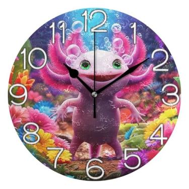 Imagem de GAIGEO Relógio de parede decorativo analógico para sala de aula relógio de escritório operado por bateria silencioso, arte de parede boho decoração de casa rosa axolote floral colorido, 25 cm