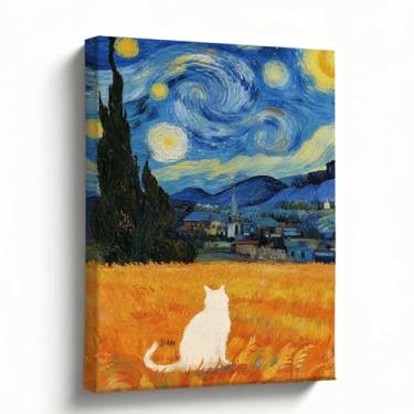 Imagem de Arte de parede em tela de gato branco no campo de trigo, pintura a óleo noite estrelada estilo Van Gogh, paisagem rural romântica, decoração estética da sala de estar, quarto cottagecore, presente
