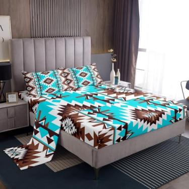Imagem de jejeloiu Jogo de lençol infantil casal, boêmio, asteca, com bolso profundo, tribal, respirável, macio e leve de microfibra