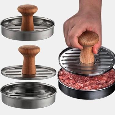 Imagem de Theodore Shop Kit 2 Modelador de Hambúrguer 12cm em Aço Inox com Cabo de Madeira – Prensa Molde Profissional para Hambúrguer Artesanal Caseiro e Gourmet