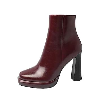 Imagem de TinaCus Bota feminina de couro legítimo de bico quadrado feita à mão salto alto com zíper chique, Borgonha, 36