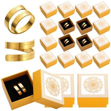 Imagem de Cunno 12 conjuntos de mini anéis árabes abertos do Alcorão em massa com caixa de tecido árabe dourado Ayatul Kursi, joias de aço inoxidável para mulheres, homens, presentes Eid Ramadan, lembrancinha