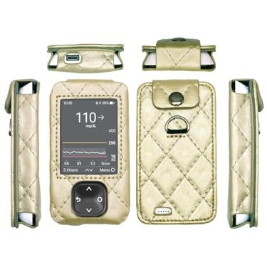 Imagem de SNK Capa de couro xadrez com protetor de tela e clipe giratório para Freestyle Libre 3, Freestyle Libre 2 (dourado)