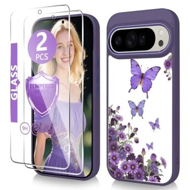 Imagem de Govmeie Capa para Google Pixel 9 Pro XL com protetor de tela de vidro temperado fino TPU e PC rígido, capa com estampa floral transparente para meninas e mulheres - borboleta/roxo escuro