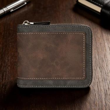 Imagem de Carteira masculina moderna marrom escuro compacta com zíper tecido de couro PU grande capacidade, design moderno marrom escuro compacto com zíper com padrão tecido, couro PU, espaçosa