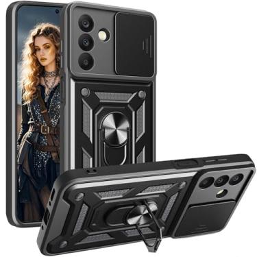 Imagem de Ephoou Capa protetora para Samsung Galaxy A57 com suporte de anel e capa de lente de câmera deslizante, capa de proteção resistente à prova de choque de grau militar para Samsung Galaxy A57 SJ preta