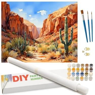 Imagem de Kit de pintura de paisagem Southwest por números para adultos - DIY Sunny Desert Canyon com pintura de cacto enrolada em tela 40,6 x 50,8 cm, conjunto de tinta acrílica, adequado para iniciantes, arte