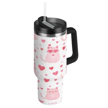 Imagem de ATTX Copo para gatos do Dia dos Namorados de 1,134 g com alça, copo de aço inoxidável a vácuo de parede dupla com palha, caneca de café de viagem isolada #260