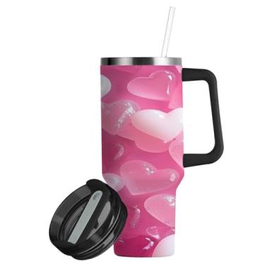 Imagem de ATTX Copo de coração de dia dos namorados de 850 g com alça, copo de aço inoxidável a vácuo de parede dupla com palha, caneca de café de viagem isolada #99