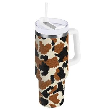 Imagem de SEHANY Copo de vaca marrom e branco de 1,134 g com alça, copos isolados de aço inoxidável a vácuo de parede dupla à prova de vazamento, copo de viagem isolado cabe no suporte de copo de carro