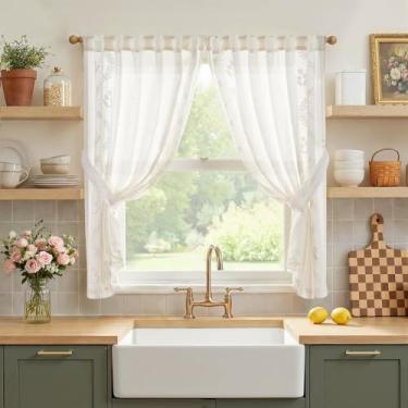 Imagem de jinchan Belrose Cortinas Florais de Linho Café 114 cm de Comprimento Cortinas Bordadas para Cozinha Quarto Banheiro Pequeno Janelas Conjunto de Cortinas Filtragem de Luz 2 Painéis Branco