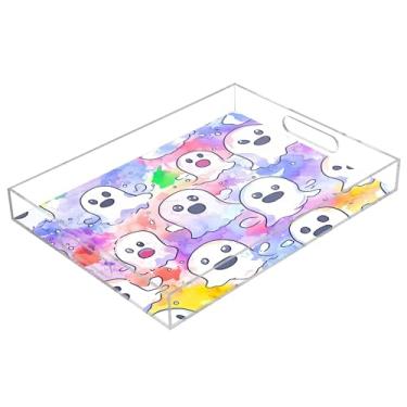 Imagem de xigua Bandeja de servir de acrílico fantasma de Halloween com alças à prova de derramamento, bandejas decorativas de festa de Halloween, bandeja organizadora de bancada para banheiro, cozinha, 30,5 x