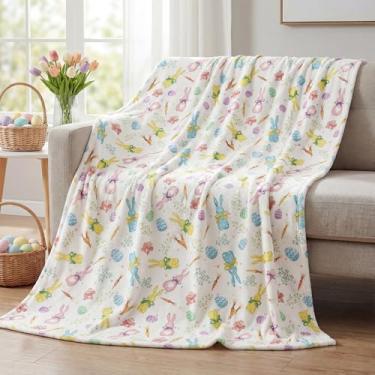 Imagem de Horaldaily Cobertor de flanela de Páscoa, ovos de Páscoa, xadrez, coelho, cenouras, felpudo, macio, felpudo, aconchegante, cobertores de lã para sofá, cama, presente ideal para crianças e adultos, 127