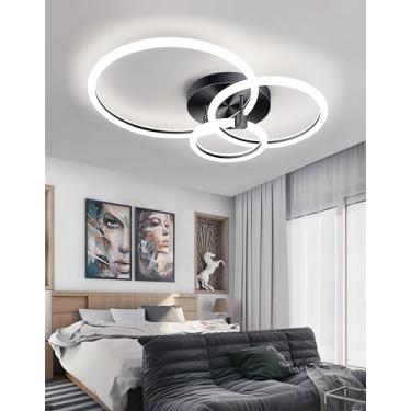 Imagem de Luminária de teto LED moderna com design de anéis, dimerizável e com controle remoto. Ideal para sala de estar, quarto, sala de jantar e escritório. Luminária de acrílico embutida para sala