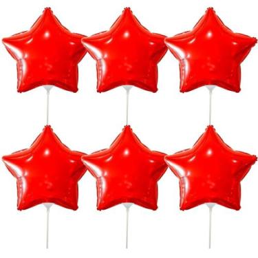 Imagem de Kit 6 Balões Metalizado Estrela Vermelho 20cm C/ Canudo 15cm - Gala, V