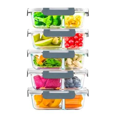 Imagem de Life Kit 5 Potes De Vidro Herméticos 36Oz Com 2 Compartimentos Para Marmita E Refeição. Recipientes Seguros Para Micro-ondas, Forno, Freezer E Lava-Louças. Perfeito Para Organizar Alimentos.