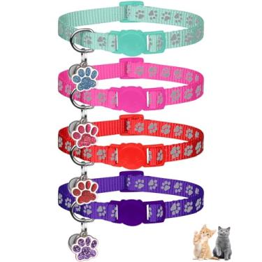 Imagem de 4 coleiras para gatos separáveis, coleira reflexiva para gatos com sinos, coleiras de gatinho para meninos e meninas, coleira separadora para gatos com pingente de pata de 15 a 22 cm (roxo +