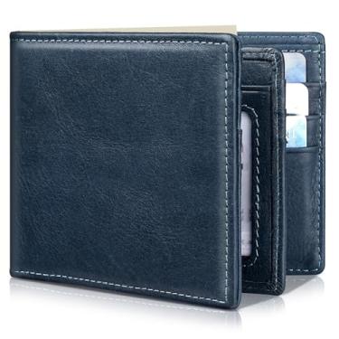 Imagem de Carteira masculina de couro genuíno com bloqueio de RFID, 1 janela para identidade, 13 porta-cartões, 2 bolsos para dinheiro, caixa de presente., Azul, 11*1.5*9cm, Carteiras
