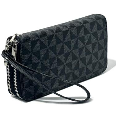 Imagem de Veki Carteira feminina com bolso duplo com zíper e alça de pulso, bolsa de couro para cartão de crédito para mulheres e homens, Preto A, Simples